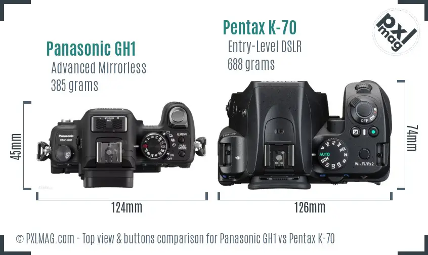 Panasonic GH1 vs Pentax K-70 top view buttons comparison