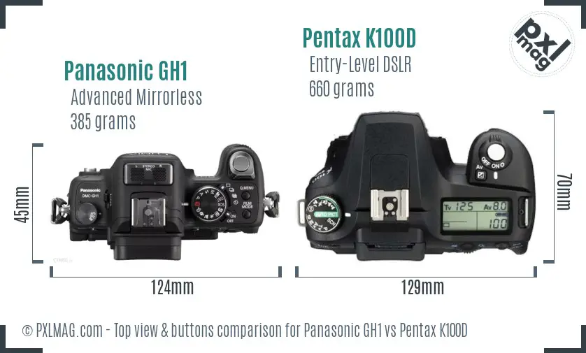 Panasonic GH1 vs Pentax K100D top view buttons comparison