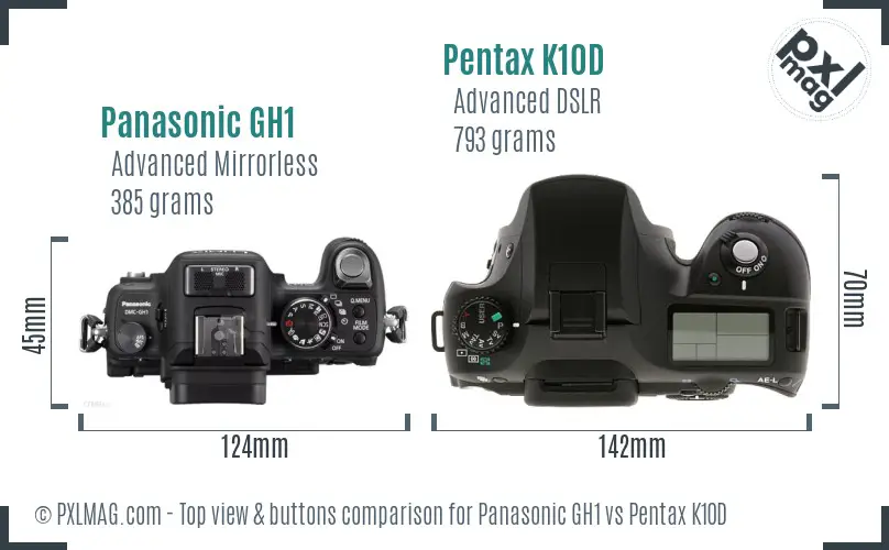 Panasonic GH1 vs Pentax K10D top view buttons comparison