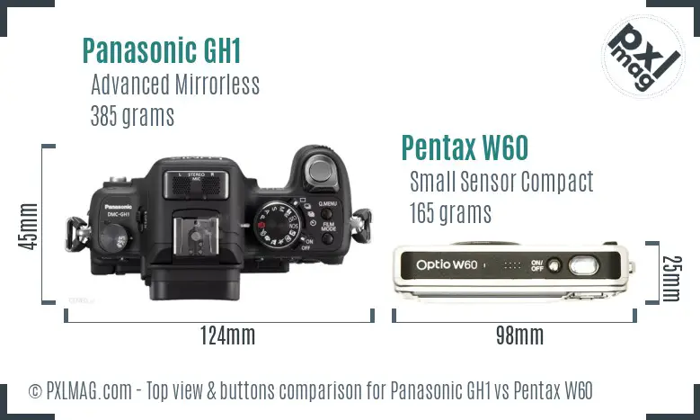 Panasonic GH1 vs Pentax W60 top view buttons comparison