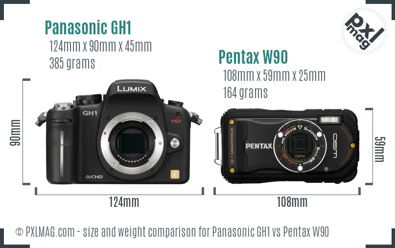 Panasonic GH1 vs Pentax W90 size comparison