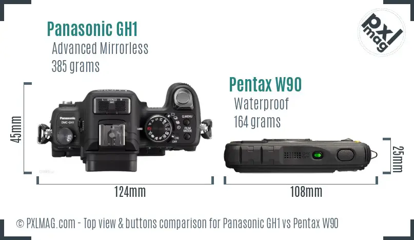 Panasonic GH1 vs Pentax W90 top view buttons comparison