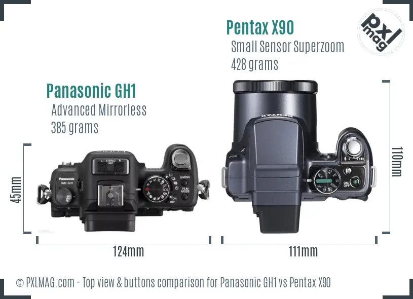 Panasonic GH1 vs Pentax X90 top view buttons comparison
