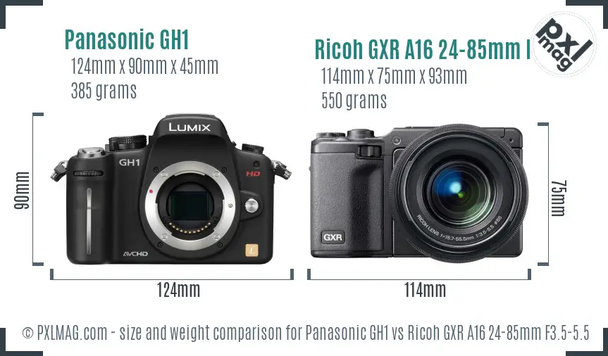 Panasonic GH1 vs Ricoh GXR A16 24-85mm F3.5-5.5 size comparison