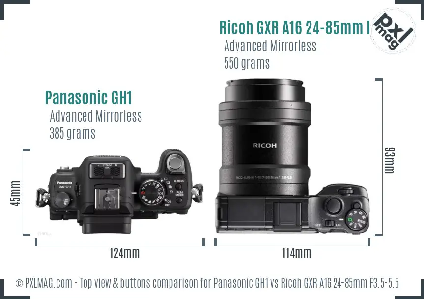 Panasonic GH1 vs Ricoh GXR A16 24-85mm F3.5-5.5 top view buttons comparison