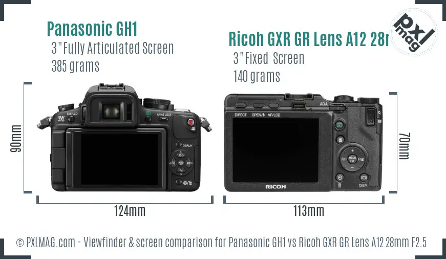 Panasonic GH1 vs Ricoh GXR GR Lens A12 28mm F2.5 Screen and Viewfinder comparison