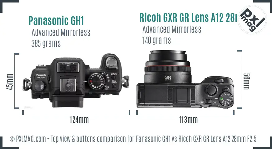 Panasonic GH1 vs Ricoh GXR GR Lens A12 28mm F2.5 top view buttons comparison