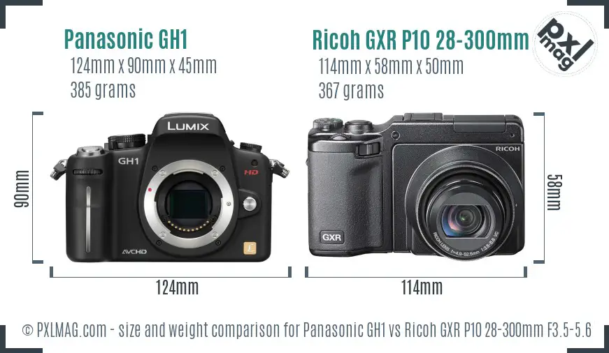 Panasonic GH1 vs Ricoh GXR P10 28-300mm F3.5-5.6 VC size comparison