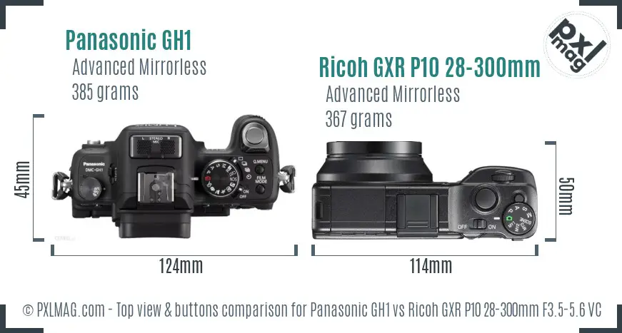 Panasonic GH1 vs Ricoh GXR P10 28-300mm F3.5-5.6 VC top view buttons comparison