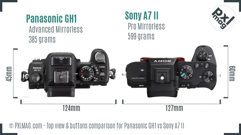 Panasonic GH1 vs Sony A7 II top view buttons comparison