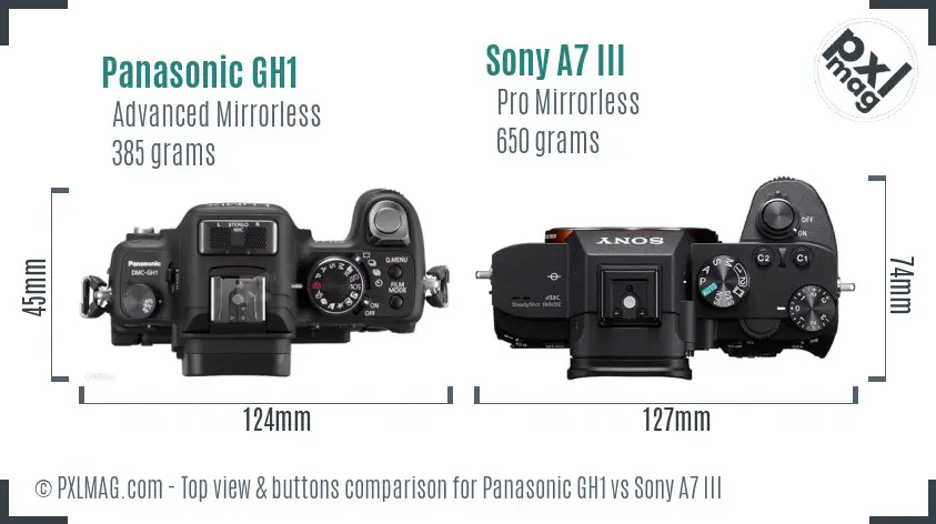 Panasonic GH1 vs Sony A7 III top view buttons comparison