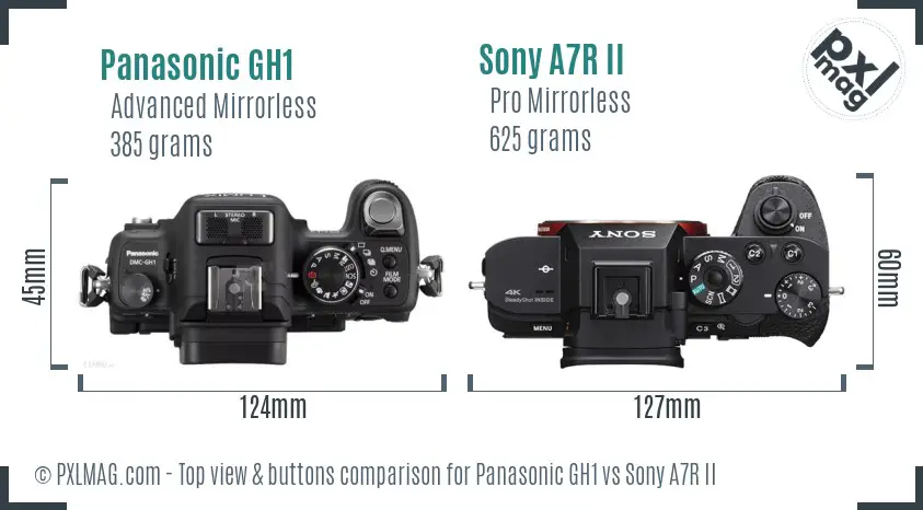 Panasonic GH1 vs Sony A7R II top view buttons comparison