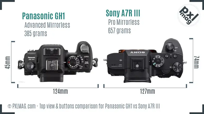 Panasonic GH1 vs Sony A7R III top view buttons comparison