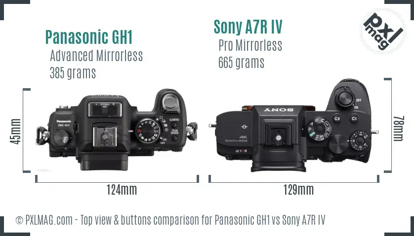 Panasonic GH1 vs Sony A7R IV top view buttons comparison
