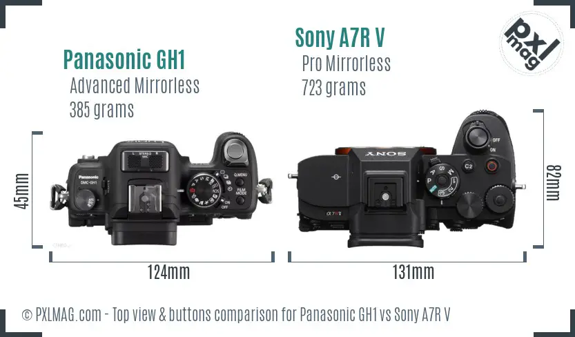 Panasonic GH1 vs Sony A7R V top view buttons comparison