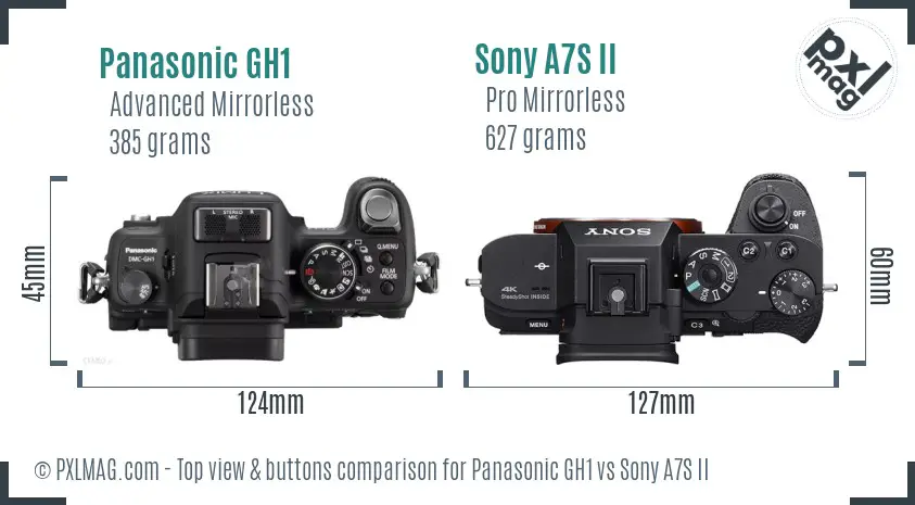 Panasonic GH1 vs Sony A7S II top view buttons comparison Panasonic GH1 vs Sony A7S II top view buttons comparison
