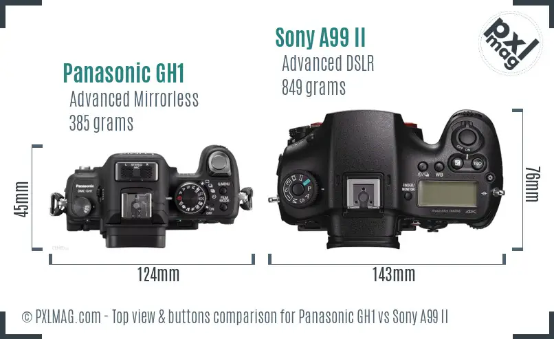 Panasonic GH1 vs Sony A99 II top view buttons comparison