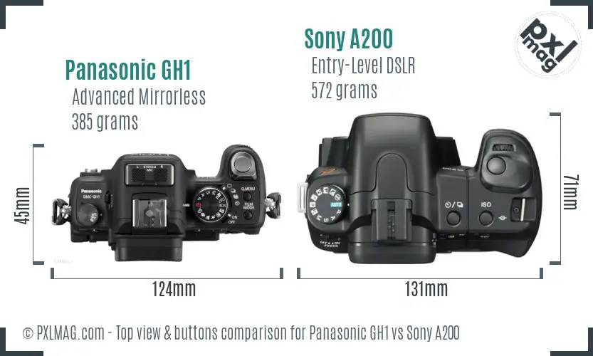 Panasonic GH1 vs Sony A200 top view buttons comparison Panasonic GH1 vs Sony A200 top view buttons comparison