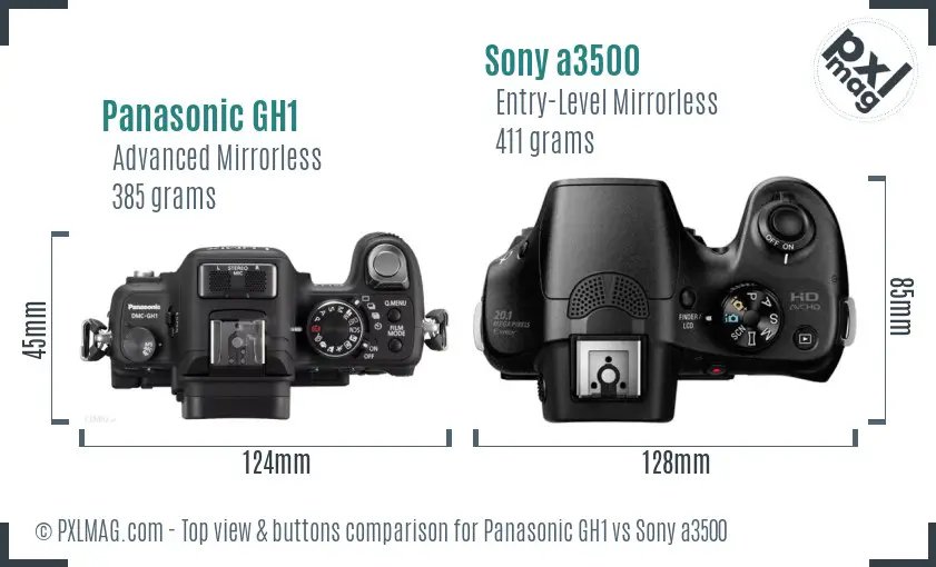Panasonic GH1 vs Sony a3500 top view buttons comparison Panasonic GH1 vs Sony a3500 top view buttons comparison