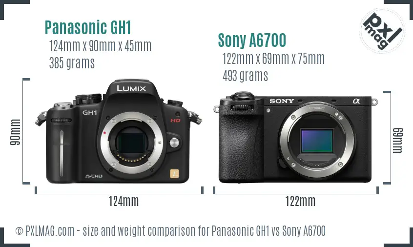 Panasonic GH1 vs Sony A6700 size comparison