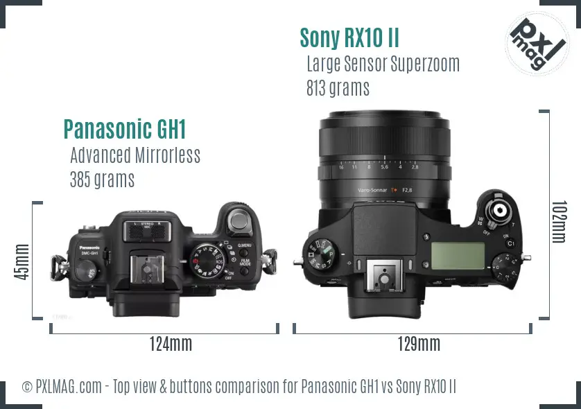 Panasonic GH1 vs Sony RX10 II top view buttons comparison Panasonic GH1 vs Sony RX10 II top view buttons comparison