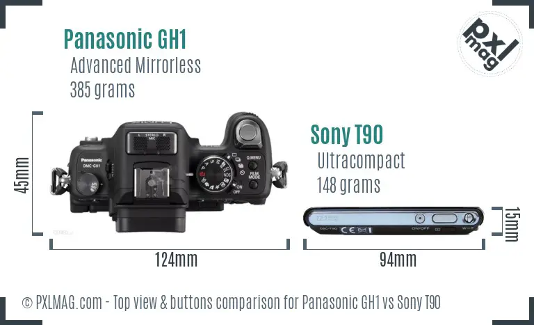 Panasonic GH1 vs Sony T90 top view buttons comparison