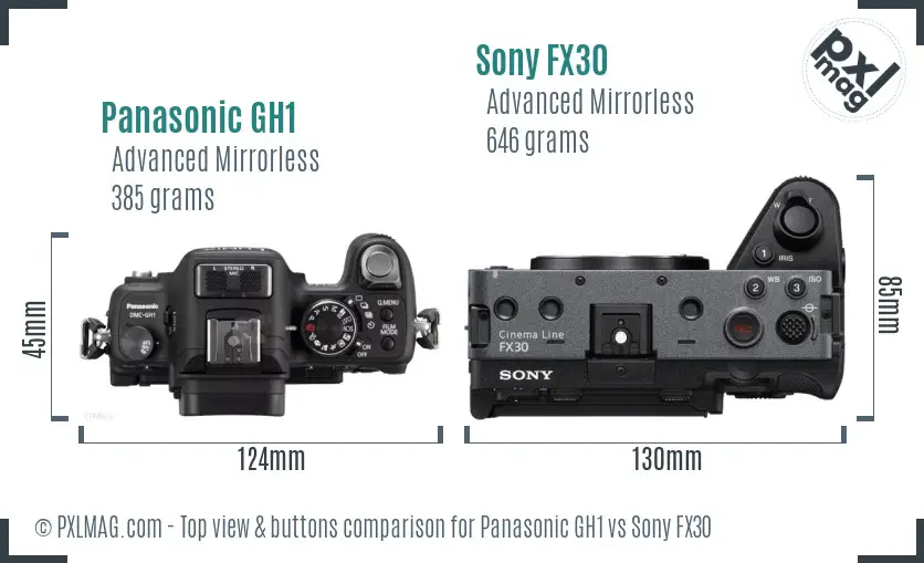 Panasonic GH1 vs Sony FX30 top view buttons comparison Panasonic GH1 vs Sony FX30 top view buttons comparison