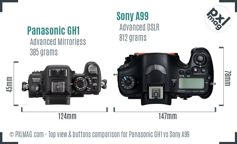 Panasonic GH1 vs Sony A99 top view buttons comparison Panasonic GH1 vs Sony A99 top view buttons comparison