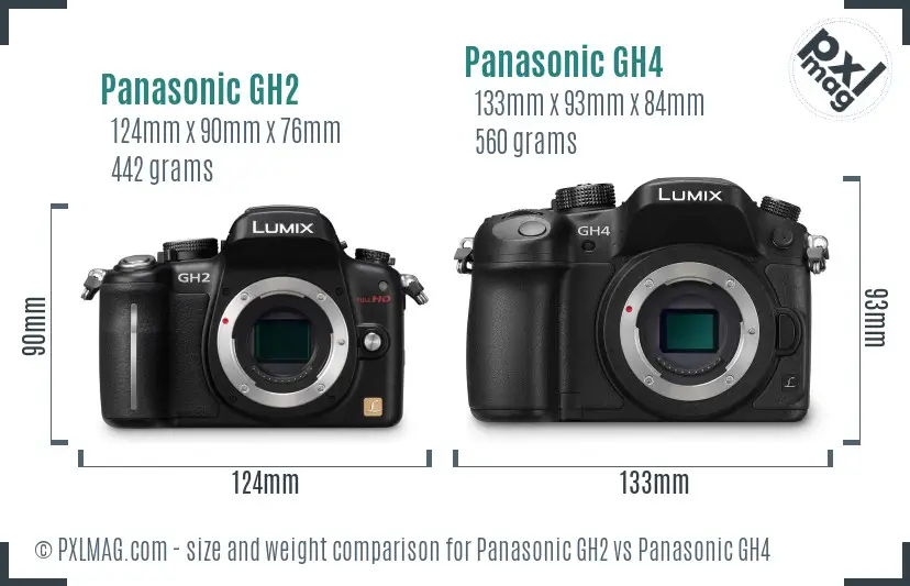 Panasonic GH2 vs Panasonic GH4 size comparison