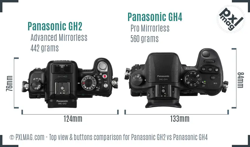 Panasonic GH2 vs Panasonic GH4 top view buttons comparison