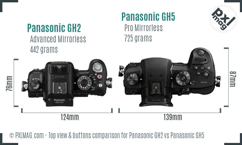 Panasonic GH2 vs Panasonic GH5 top view buttons comparison