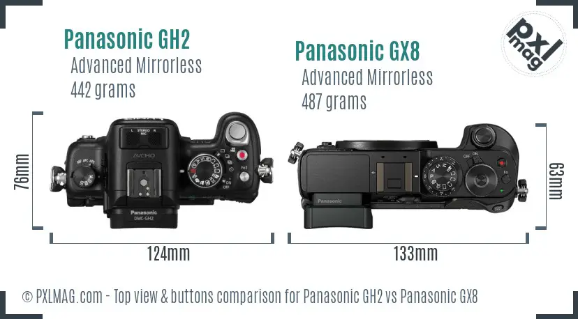 Panasonic GH2 vs Panasonic GX8 top view buttons comparison