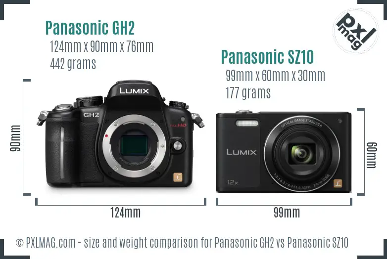 Panasonic GH2 vs Panasonic SZ10 size comparison