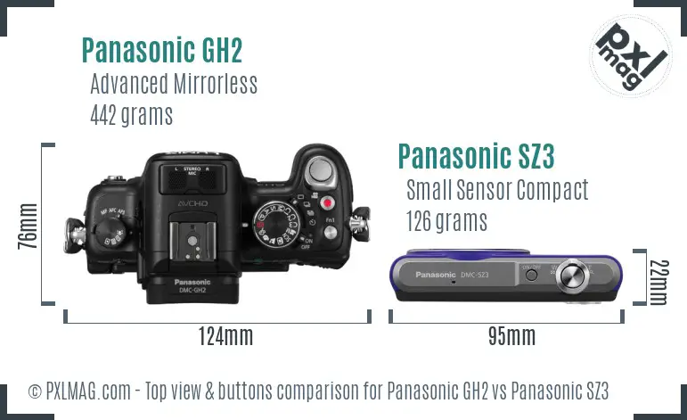 Panasonic GH2 vs Panasonic SZ3 top view buttons comparison