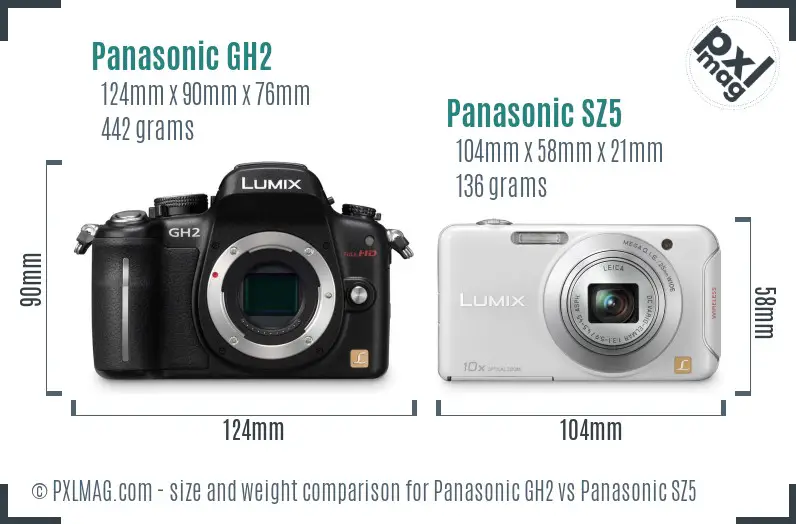 Panasonic GH2 vs Panasonic SZ5 size comparison