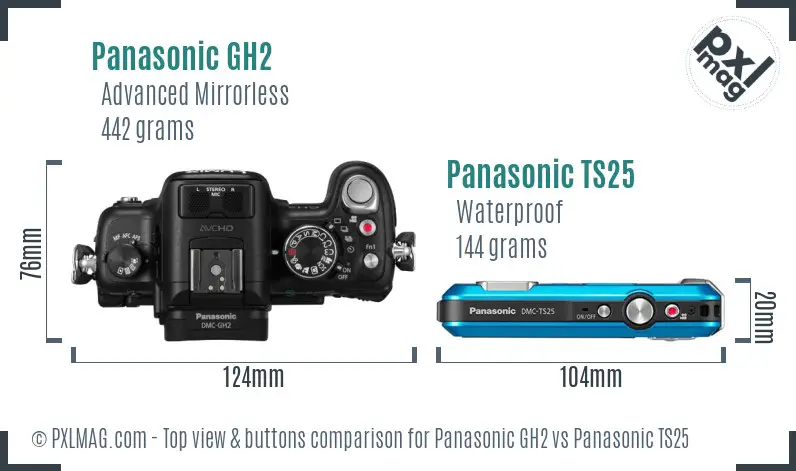 Panasonic GH2 vs Panasonic TS25 top view buttons comparison