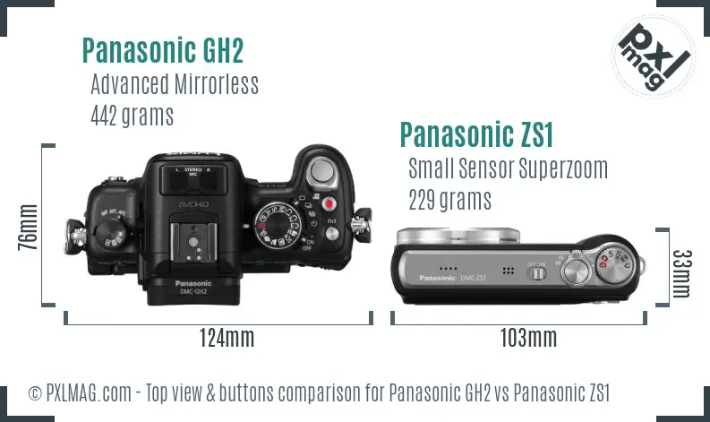 Panasonic GH2 vs Panasonic ZS1 top view buttons comparison