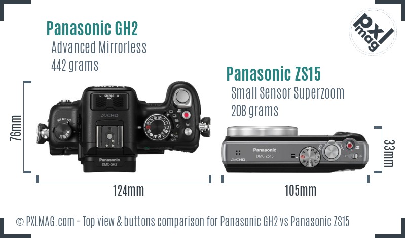 Panasonic GH2 vs Panasonic ZS15 top view buttons comparison