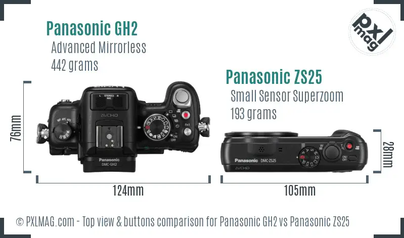 Panasonic GH2 vs Panasonic ZS25 top view buttons comparison