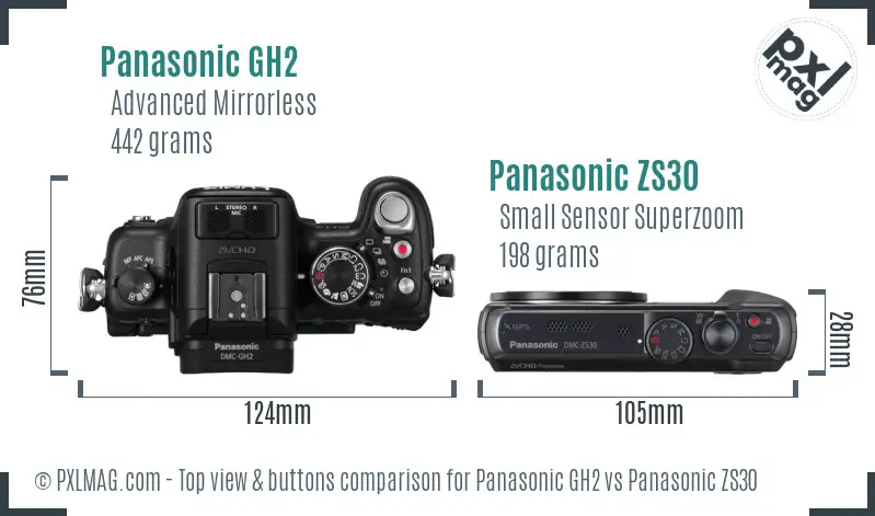 Panasonic GH2 vs Panasonic ZS30 top view buttons comparison