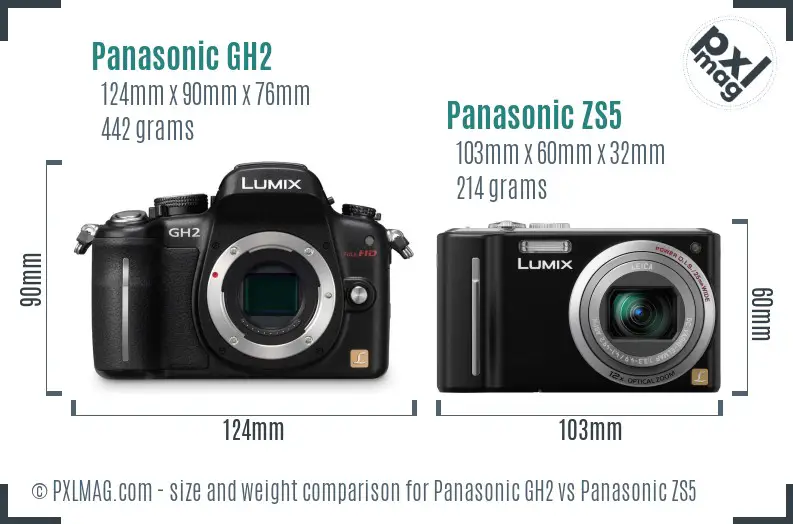 Panasonic GH2 vs Panasonic ZS5 size comparison