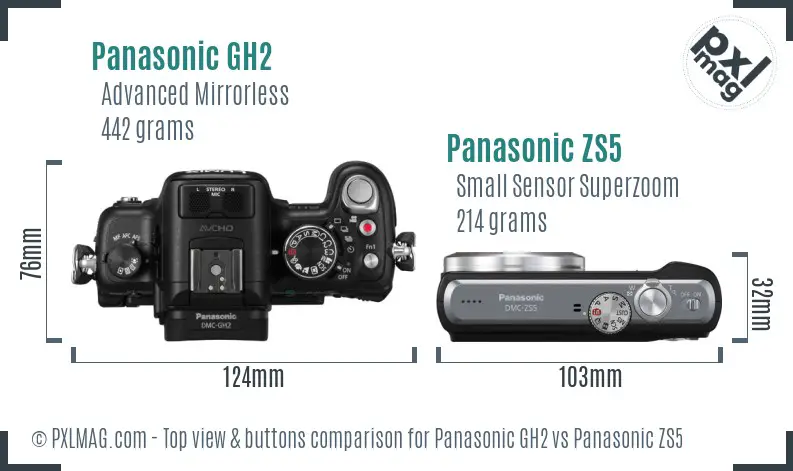 Panasonic GH2 vs Panasonic ZS5 top view buttons comparison
