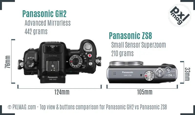 Panasonic GH2 vs Panasonic ZS8 top view buttons comparison