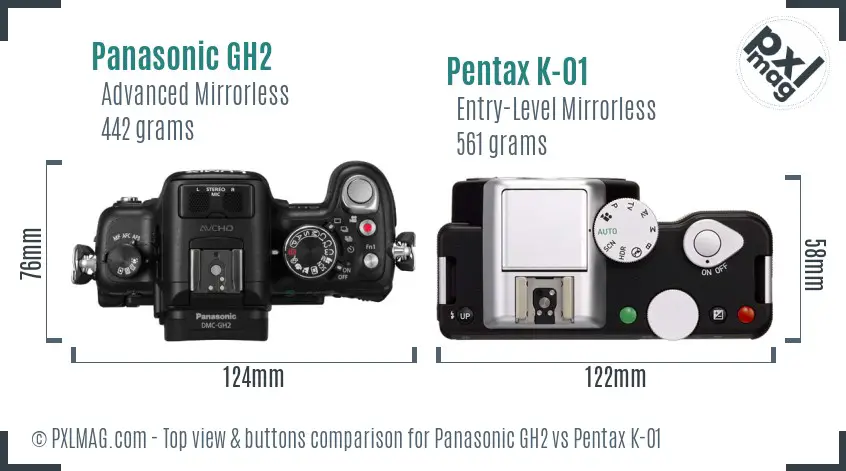 Panasonic GH2 vs Pentax K-01 top view buttons comparison