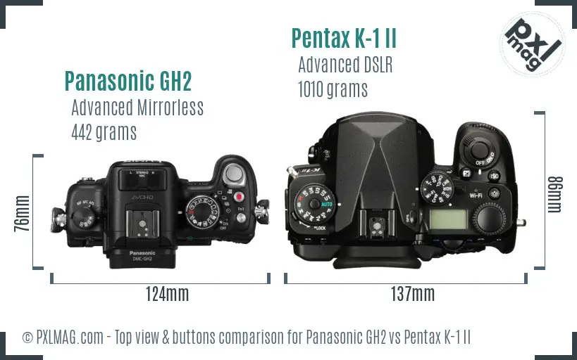 Panasonic GH2 vs Pentax K-1 II top view buttons comparison