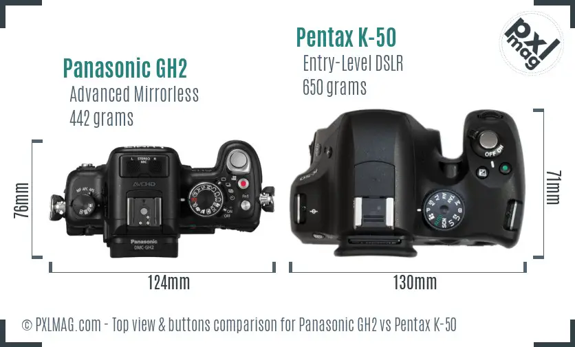 Panasonic GH2 vs Pentax K-50 top view buttons comparison
