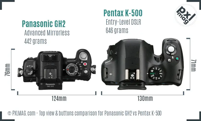 Panasonic GH2 vs Pentax K-500 top view buttons comparison