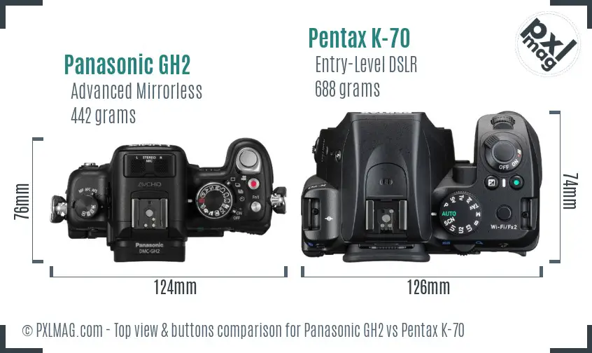 Panasonic GH2 vs Pentax K-70 top view buttons comparison