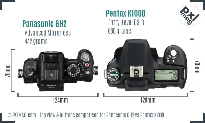 Panasonic GH2 vs Pentax K100D top view buttons comparison