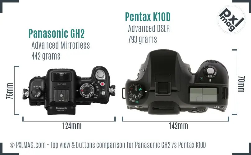 Panasonic GH2 vs Pentax K10D top view buttons comparison